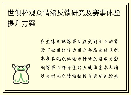 世俱杯观众情绪反馈研究及赛事体验提升方案