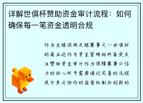 详解世俱杯赞助资金审计流程：如何确保每一笔资金透明合规