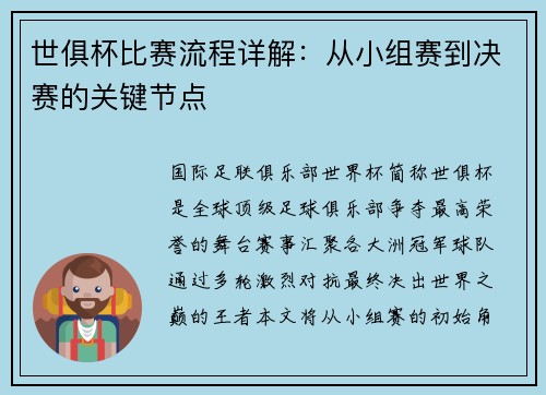 世俱杯比赛流程详解：从小组赛到决赛的关键节点